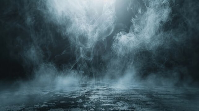 A dark room with a lot of smoke and steam. The room is empty and the smoke is billowing out of the ceiling. Scene is eerie and mysterious