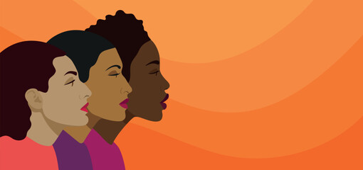 Women of different nationalities together. Head and shoulders, side view. Female portraits on an orange background. Ethnic diversity, beauty and women's solidarity.