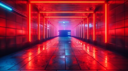 Futuristic Neon-Lit Corridor with Vibrant Red and Blue Lights Reflecting on a Glossy Floor in a Modern Architectural Setting