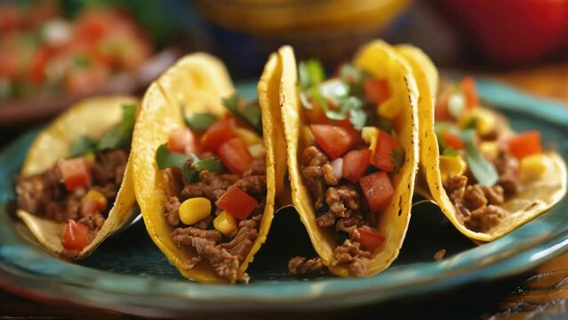Three tacos with meat and vegetables on a blue plate