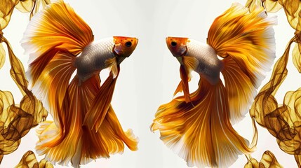 Mirror Image of Two Vibrant Orange Betta Fish Displaying Fins in an Elegant Aquatic Dance