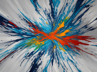 Paint splatter effect, very dynamic & full of energy blue,black orange,yellow,on gey backgeound