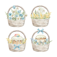 Fototapeta na wymiar Set vintage colorful baskets with eggs, Easter cake, flowers and bows objects isolated on white background. Watercolor hand drawn illustration sketch