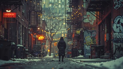Solitary Winter Walk: A Lone Figure Strolls Through a Snowy Graffiti-Strewn Alley with Warm Glowing...
