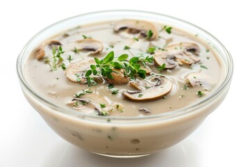 A bowl of creamy mushroom soup with herbs on a transparent white surface