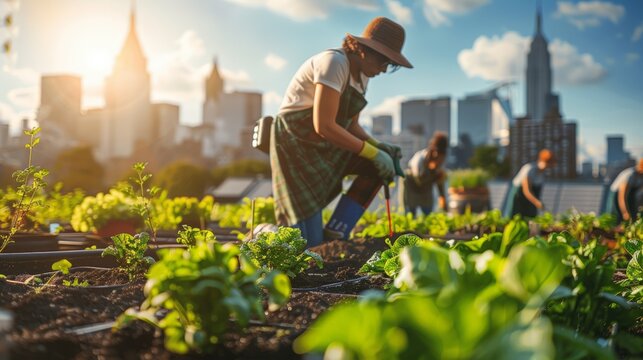 Urban Gardener Tending to a Rooftop Vegetable Garden with City Skyline in the Background at Sunset