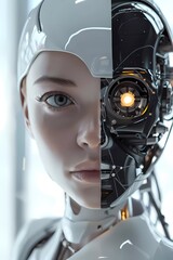 Two Faced Female Character of ai robot in laboratory  - obrazy, fototapety, plakaty