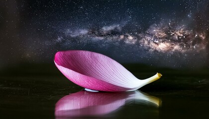 桜の花びらが一枚、夜空のもとで存在感を表し、幻想的で優美さがある
