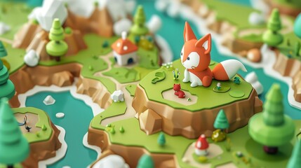 A 3D rendering of a forest with cartoon animals. The animals are made of simple geometric shapes and the forest is made of simple trees. The colors are bright and cheerful.
