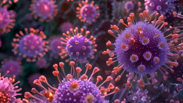 bunch of viruses are floating in the air. The viruses are brown and have a fuzzy appearance, Group of virus cells. 3D illustration, Coronavirus cells