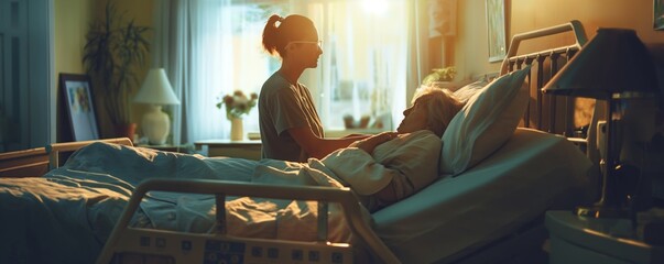 Caring Nurse With Elderly Patient In Hospital