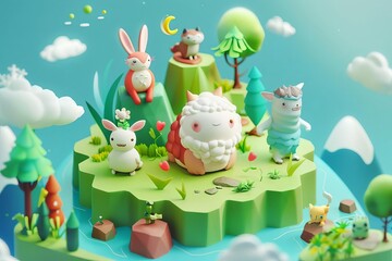 A cute 3D illustration of a group of animals on a floating island. The animals are a rabbit, a fox, a bear, a deer, and a cat.