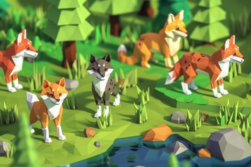 A low poly forest scene with a river running through it. There are five foxes standing around in the forest.