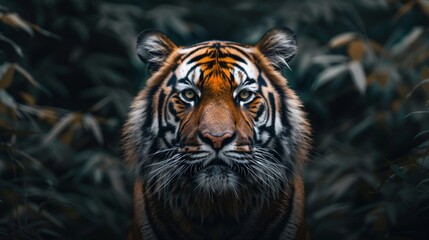 a close-up of a tiger with intense eyes and striking fur patterns, set against a backdrop of dark green foliage. Generative AI