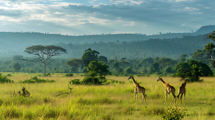 a group of tall giraffes stand in a field surrounded by green trees, with one giraffe's long neck v - Powered by Adobe