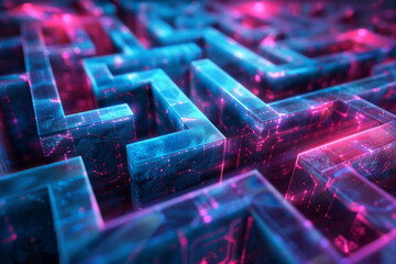 A labyrinthine maze of interconnected pathways and portals, illuminated blue and magenta colors. 