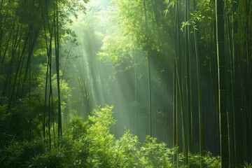 A lush bamboo forest, with tall stalks swaying gently in the breeze and sunlight filtering through the canopy