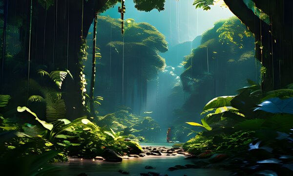 Illustrations depict a vibrant, lush rainforest under heavy monsoon rains, showing the serenity of nature and the lush life of the rain-soaked jungle. Generative AI