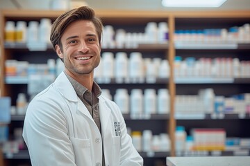 Smiling male pharmacist in white coat