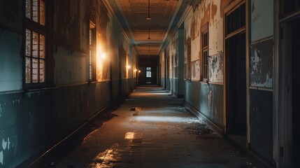 Fototapeta na wymiar Abandoned asylum hallway with flickering lights and shadows, intensely eerie