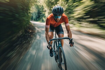 Naklejka premium Blurred speed effect cyclist racing on a road