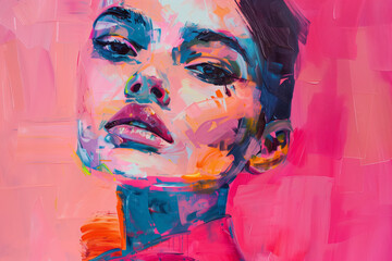 Abstract creative painting of beautiful young woman on pink background, modern art