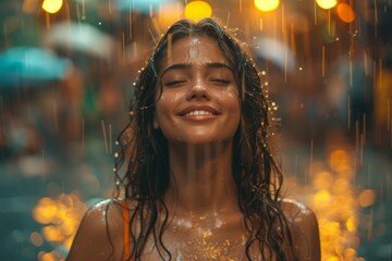 Gorgeous young woman with a blissful expression, enjoying a shower of rain, lit with vivid festive...