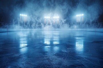 abstract frozen Hockey ice rink with smoke on dark background, studio room with smoke, empty ice room on dark blue background, banner poster design,empty dark scene, neon light, spotlights