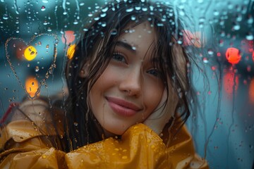 A close-up of a happy woman smiling behind a glass window with raindrops and city lights