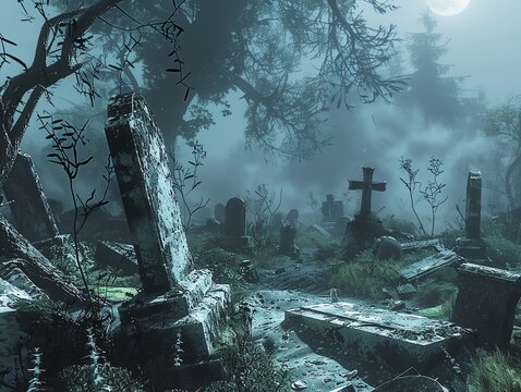 A dark and foggy cemetery with broken tombstones.