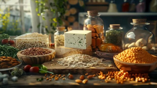 A table with a variety of foods including nuts, beans, and cheese