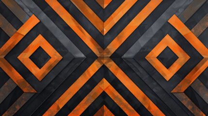 AI-designed abstract artwork with a pattern of alternating black and orange panels forming a structured geometric layout