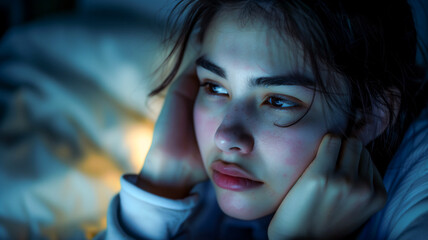 Woman on bed cannot sleep at night . Insomnia , sleep disorders .