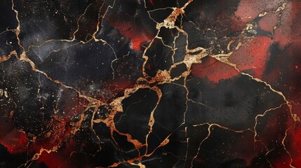 Artistic rendering of black and red marble, seamlessly integrated with gold cracks, creating an opulent backdrop