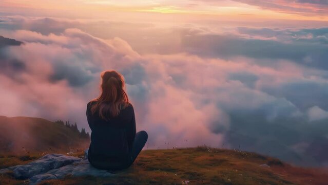 A woman is sitting on a rock overlooking a mountain range