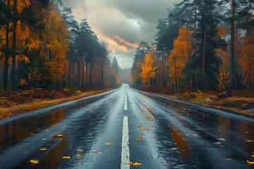 Fototapeta premium A stunning view of a wet road after the rain, lined with vibrant autumn-colored trees under a dramatic cloudy sky