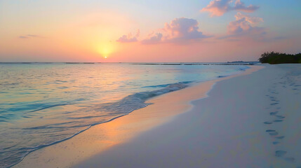 a stunning sunset over a sandy beach with a lush green tree in the foreground, framed by a vibrant