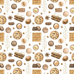 Seamless pattern with cinnamon, chocolate candies, cookies and waffles isolated on white background. Watercolor hand drawn illustration
