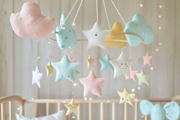 A colorful mobile with stars and clouds hanging from a wooden crib. The mobile is designed to entertain and soothe babies