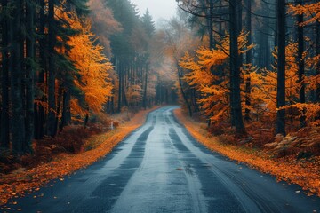 Mystical foggy road leading through a dense autumn forest, exuding a sense of enchantment and adventure