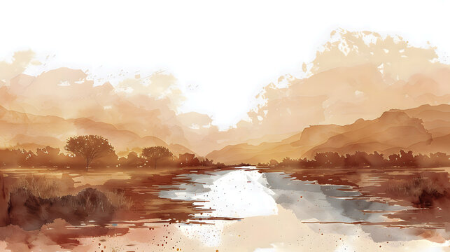 Paysage de nature avec fleuve, illustration à l'aquarelle