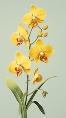 Vintage drawing yellow orchid flower plant inflorescence.