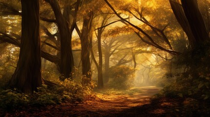 forest trees autumn foggy morning mist, ai