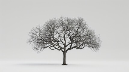 Bare winter tree with intricate branches, isolated on a grey background