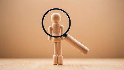 A Magnifying glass focuses on a target icon with human shaped wooden doll with copy space, customer service concept, customer relationship management concept, Customer 