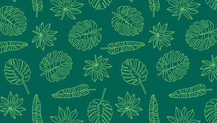 Tropical leaves pattern on green background. Exotic plants illustration. Design for textile print, wallpaper, product packaging. Botanical summer backdrop. 