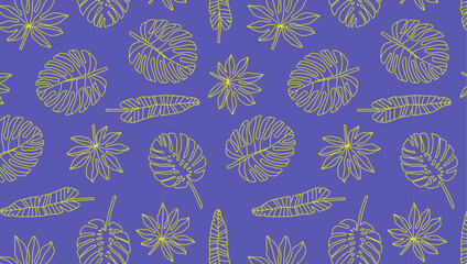 Tropical leaves pattern on violet background. Exotic plants illustration. Design for textile print, wallpaper, product packaging. Botanical summer backdrop. 