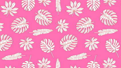 Tropical leaves pattern on pink background. Exotic plants illustration. Design for textile print, wallpaper, product packaging. Botanical summer backdrop. 