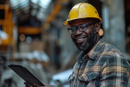 A construction worker in protective gear is focused on a tablet with industrial background