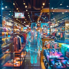 Naklejka premium A futuristic shopping mall with people walking around and shopping